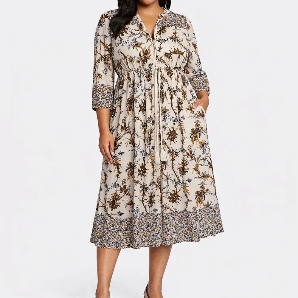 R. Vivimos XL Boho Floral Midi Cream Brown Elastic Bracelet Sleeve Dress